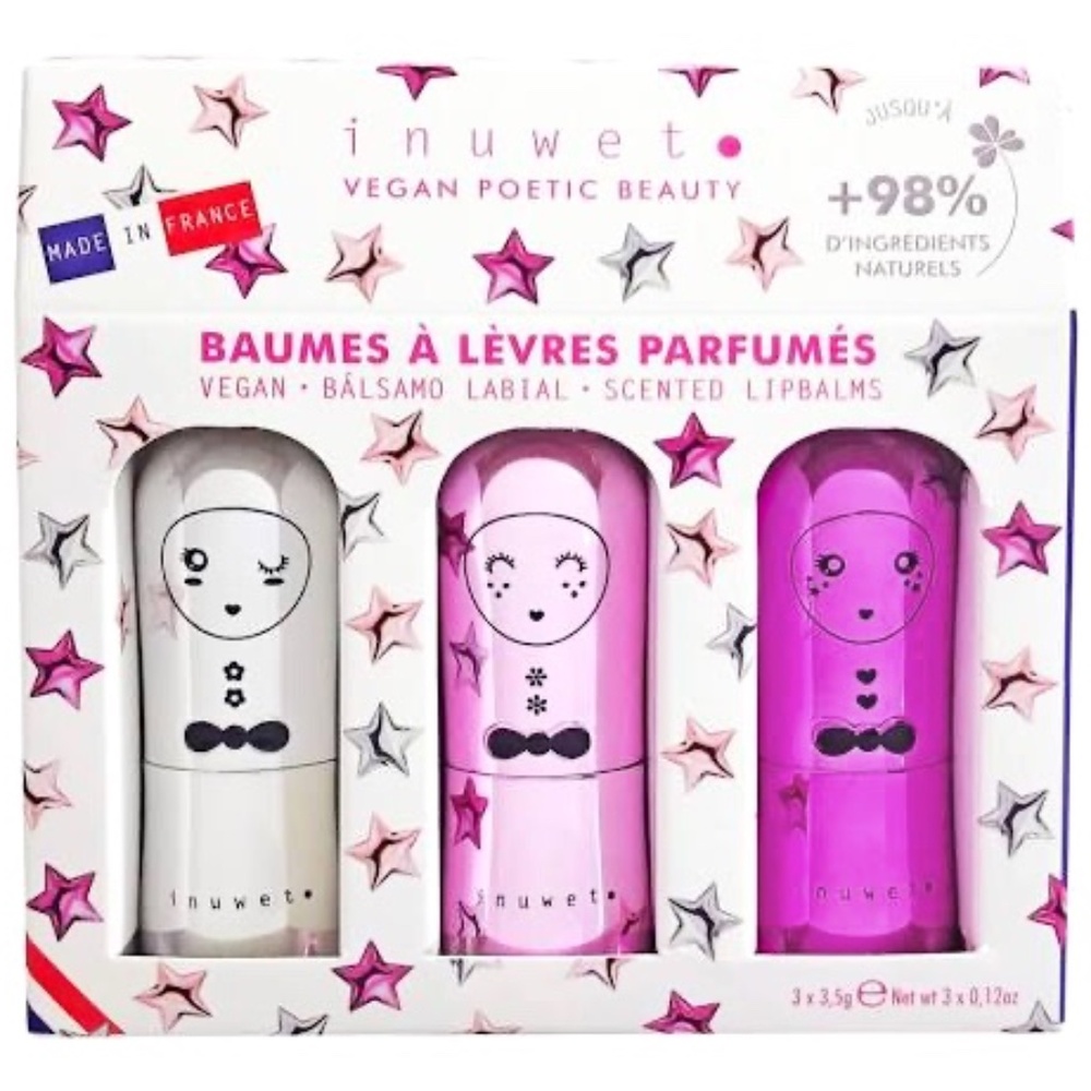 🎀 12 - Inuwet Poetic Beauty Lip Balm (3) pc Set Coconut, Raspberry,Milkshake